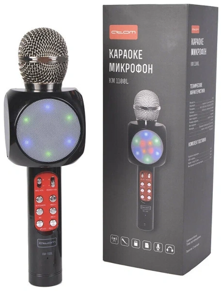Караоке-микрофон Atom KM-1100L, 3Вт, АКБ 1800мА/ч, BT (до10м), USB,AUX, беспр.микроф.